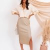 Midi Pencil Basic Skirt Casual Solid Split Side Stretchy Ribbed Knit Bodycon Mid Length Skirts for Women