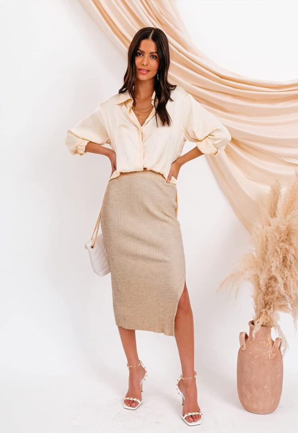 Midi Pencil Basic Skirt Casual Solid Split Side Stretchy Ribbed Knit Bodycon Mid Length Skirts for Women