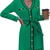 Pink Queen Women's V Neck Long Sleeve Mini Dress Elegant Button Down Open Front Color Block Knit Sweater Cardiagns with Belt