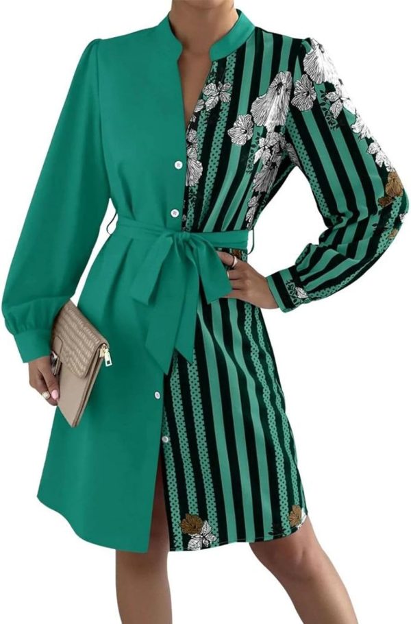 Womens Button Down Shirt Dresses with Belt Button Up Tunics Long Sleeve Blouse Tops