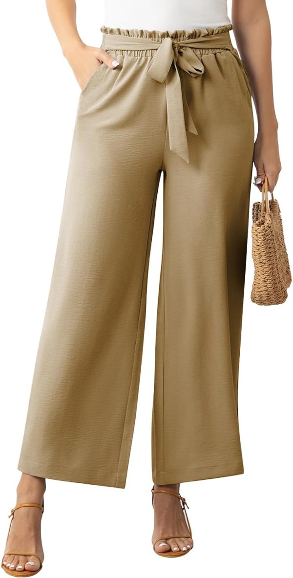 Womens Wide Leg Lounge Pants High Waisted Business Work Casual Pants Adjustable Tie Knot Loose Trousers with Pocket