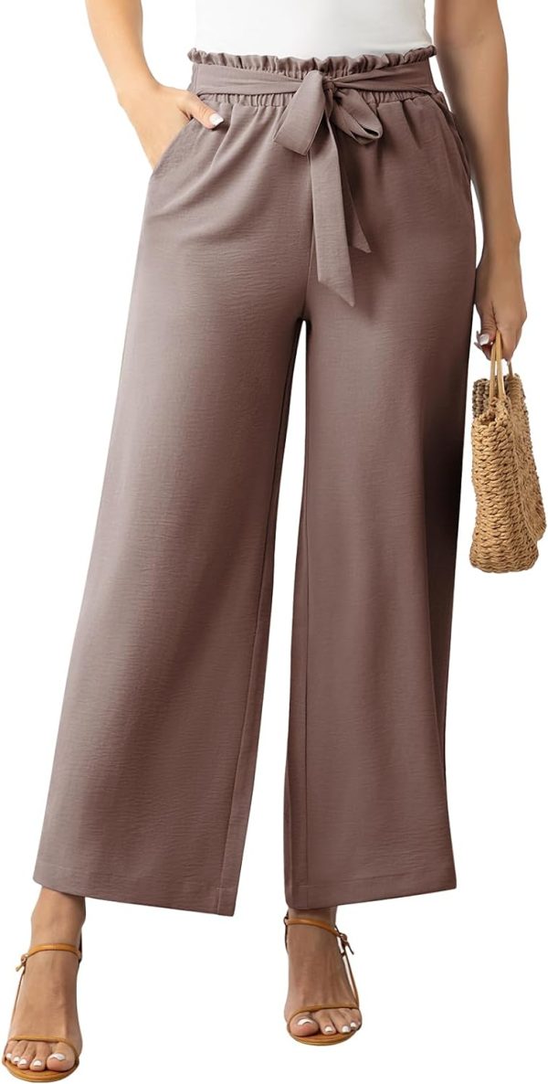 Womens Wide Leg Lounge Pants High Waisted Business Work Casual Pants Adjustable Tie Knot Loose Trousers with Pocket