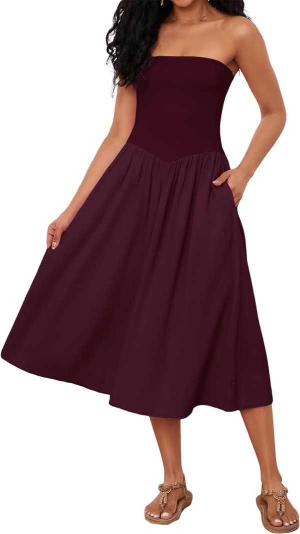 Women Off Shoulder Midi Dress Strapless Sleeveless Drop-Waist A Line Tube Dress Trendy Summer Swing Patchwork Dress