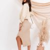 Midi Pencil Basic Skirt Casual Solid Split Side Stretchy Ribbed Knit Bodycon Mid Length Skirts for Women