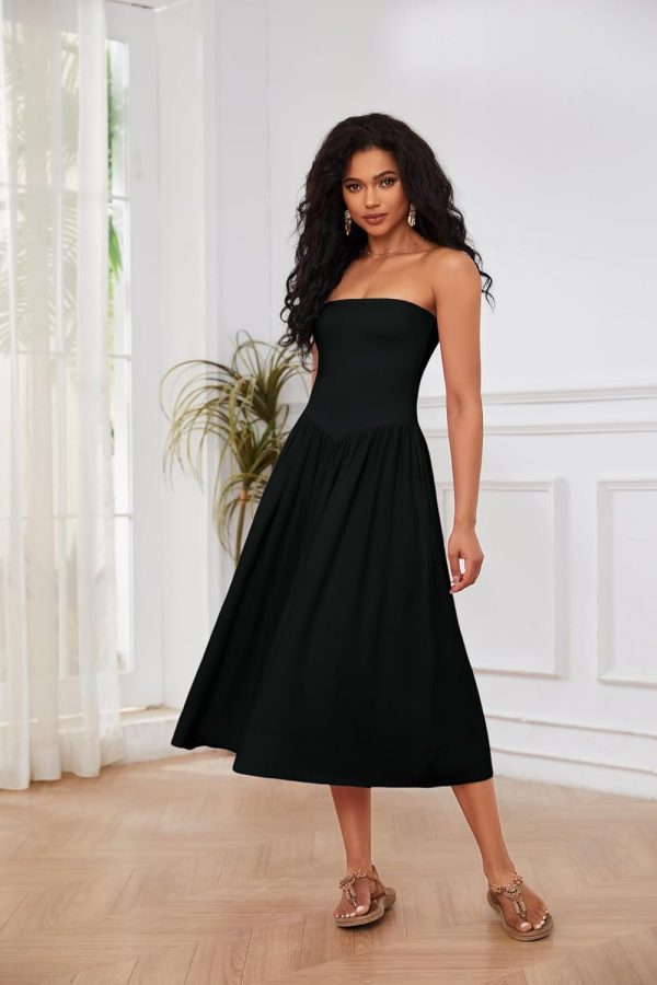 Women Off Shoulder Midi Dress Strapless Sleeveless Drop-Waist A Line Tube Dress Trendy Summer Swing Patchwork Dress