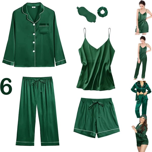 6Pcs Womens Silk Satin Pajama Sets Pj Sets Long Pjs Set Pajamas Sleepwear Camisole Sexy Cami