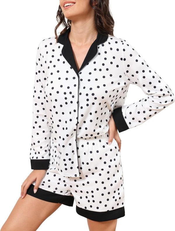 Button Down Pajamas Sets Women Two-Piece Satin Silk Pjs Sets Loungewear Long Sleeve Sleepwear Shorts Nightwear Sets