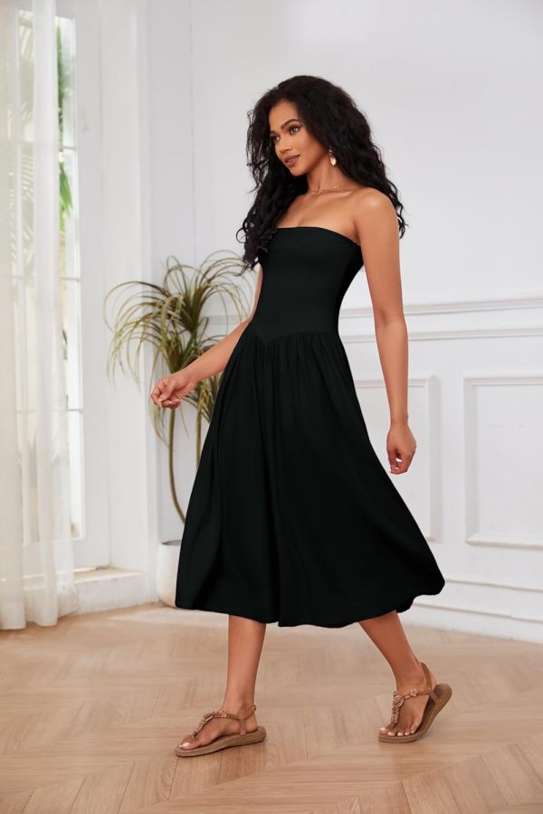 Women Off Shoulder Midi Dress Strapless Sleeveless Drop-Waist A Line Tube Dress Trendy Summer Swing Patchwork Dress
