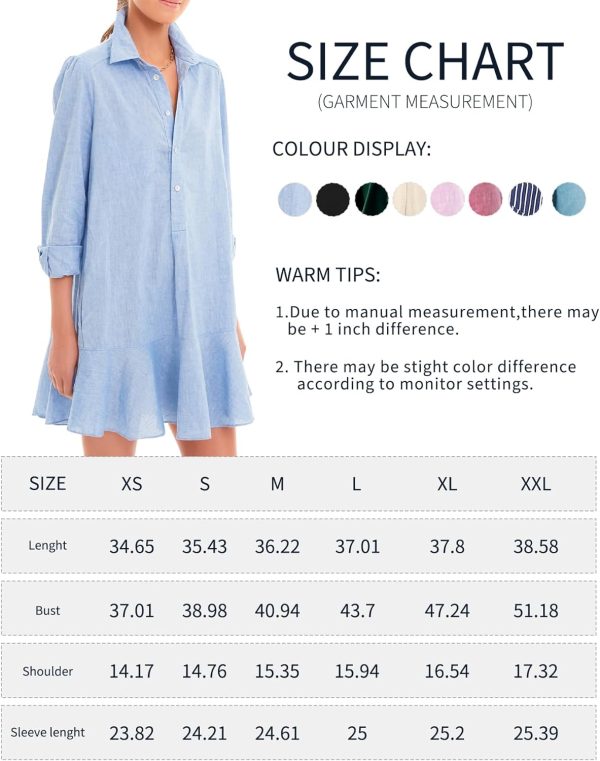 Women's Tunic Mini Shirt Dress Cotton Long Sleeve Ruffle Hem Dress Button Up Shift Chambray Dresses