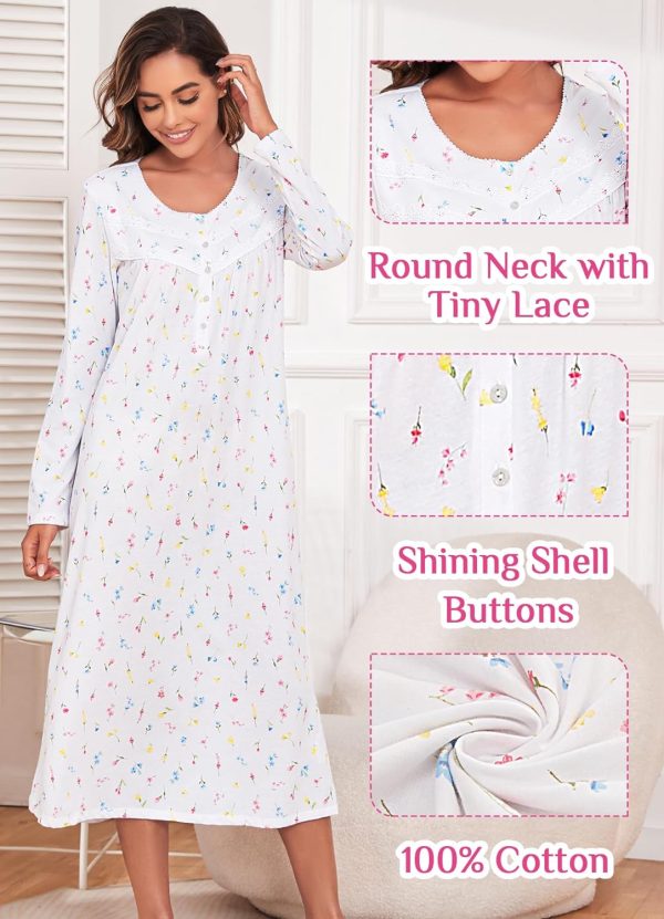 Long Cotton Nightgown Women's Long Sleeve Sleepwear Full Length Night Dress Soft Comfy Loungewear