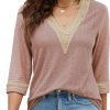 Women's Casual 3/4 Sleeve Shirts Lace V Neck Color Block Dressy Tops Trendy Hollow Floral Blouses T Shirts S-XXL