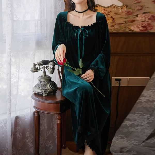 Women's Long Sleeve Nightgown Velvet Sleep Dress Ruffle Crew Neck Mid-length Nightdress