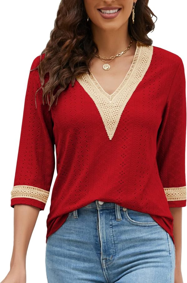 Women's Casual 3/4 Sleeve Shirts Lace V Neck Color Block Dressy Tops Trendy Hollow Floral Blouses T Shirts S-XXL