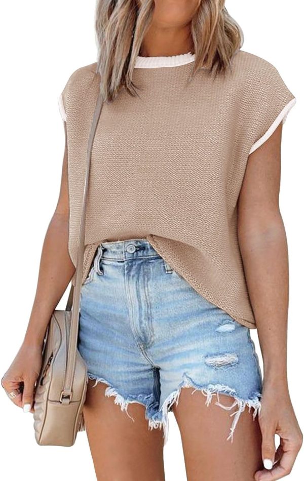 Womens Cap Sleeve Sweater Vest Summer Tops Sleeveless Tank Tops 2024 Trendy Spring Clothes Striped Short Sleeve Shirts