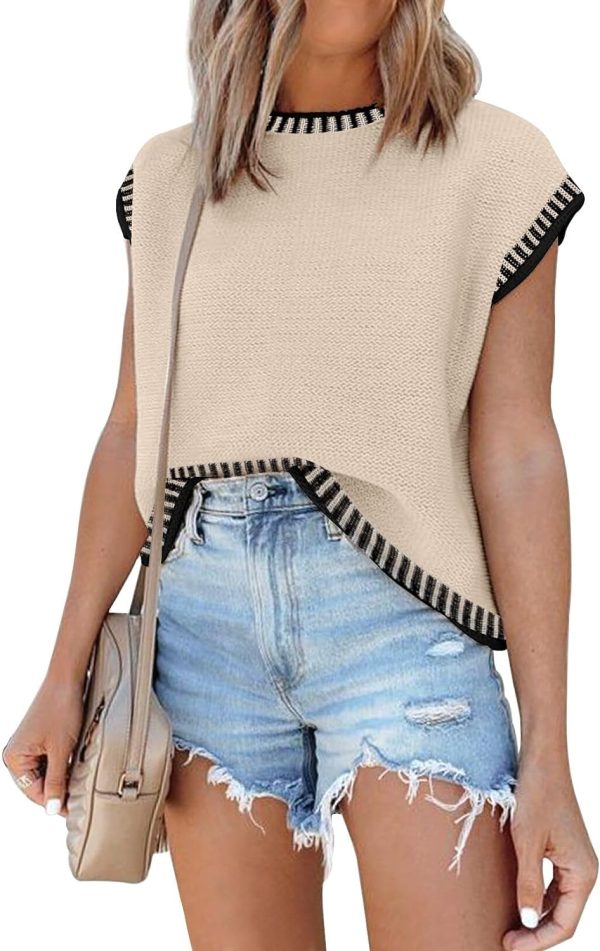 Womens Cap Sleeve Sweater Vest Summer Tops Sleeveless Tank Tops 2024 Trendy Spring Clothes Striped Short Sleeve Shirts