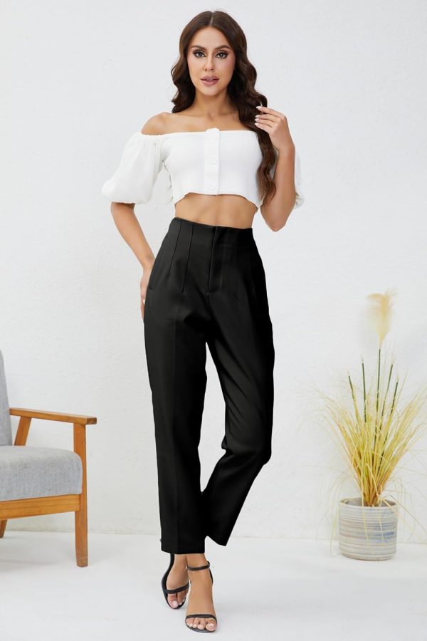 Women's High Waisted Business Trousers Straight Leg Pleated Office Slacks Pants