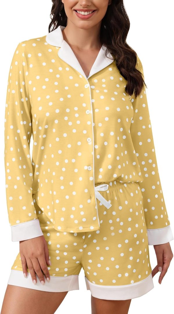 Button Down Pajamas Sets Women Two-Piece Satin Silk Pjs Sets Loungewear Long Sleeve Sleepwear Shorts Nightwear Sets