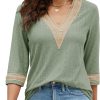 Women's Casual 3/4 Sleeve Shirts Lace V Neck Color Block Dressy Tops Trendy Hollow Floral Blouses T Shirts S-XXL