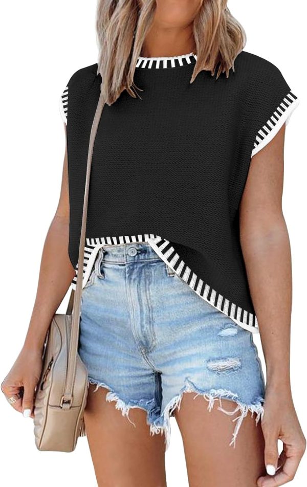 Womens Cap Sleeve Sweater Vest Summer Tops Sleeveless Tank Tops 2024 Trendy Spring Clothes Striped Short Sleeve Shirts