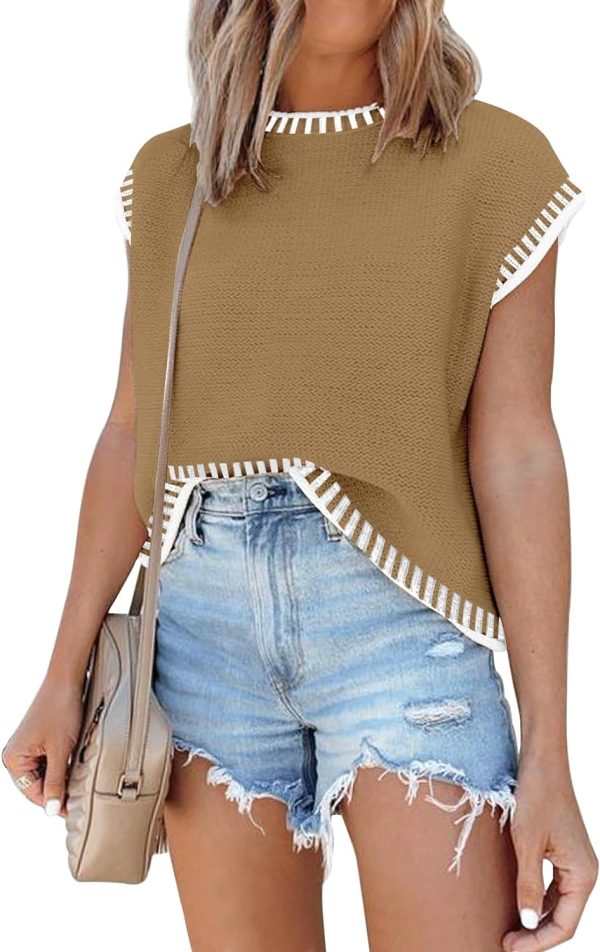 Womens Cap Sleeve Sweater Vest Summer Tops Sleeveless Tank Tops 2024 Trendy Spring Clothes Striped Short Sleeve Shirts
