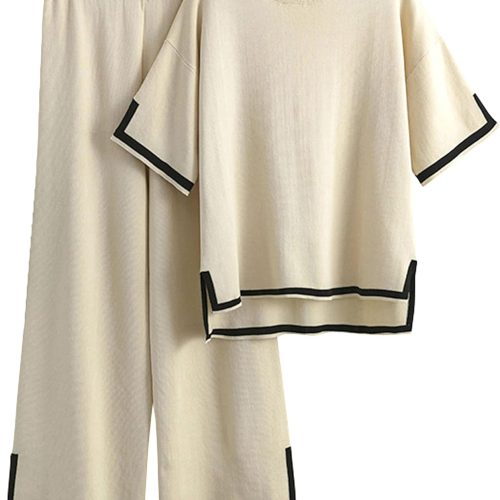 Womens Knit 2 Piece Sweater Sets Short Sleeve Pullover Tops Elastic Waist Wide Leg Pants Lounge Set