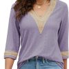 Women's Casual 3/4 Sleeve Shirts Lace V Neck Color Block Dressy Tops Trendy Hollow Floral Blouses T Shirts S-XXL
