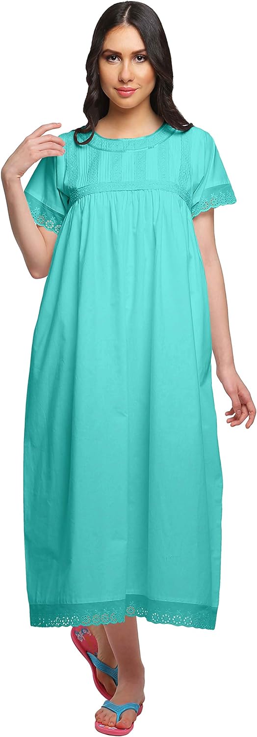 Lace Neckline Cotton Sleepwear For Ladies Womens Round Neck Nightdress