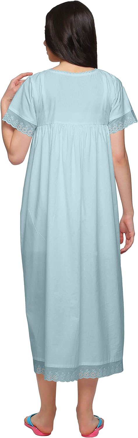 Lace Neckline Cotton Sleepwear For Ladies Womens Round Neck Nightdress