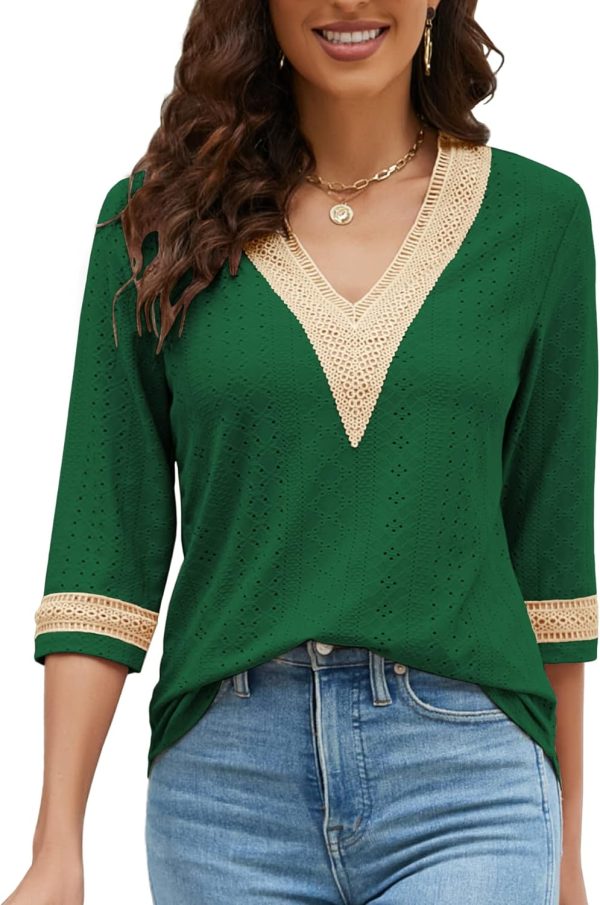 Women's Casual 3/4 Sleeve Shirts Lace V Neck Color Block Dressy Tops Trendy Hollow Floral Blouses T Shirts S-XXL