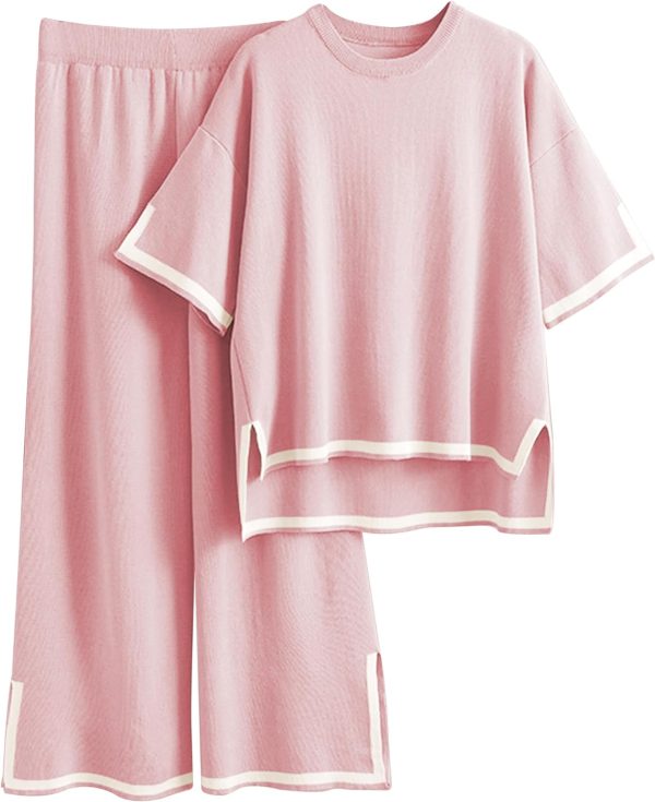 Womens Knit 2 Piece Sweater Sets Short Sleeve Pullover Tops Elastic Waist Wide Leg Pants Lounge Set