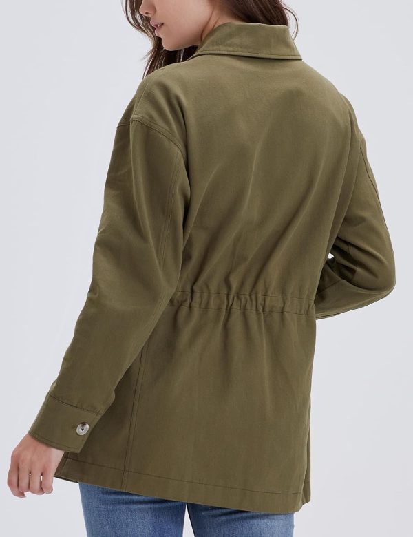 Women's Military Jacket Lightweight Button Up Utility Drawstring Waist Anorak Coat with Pockets