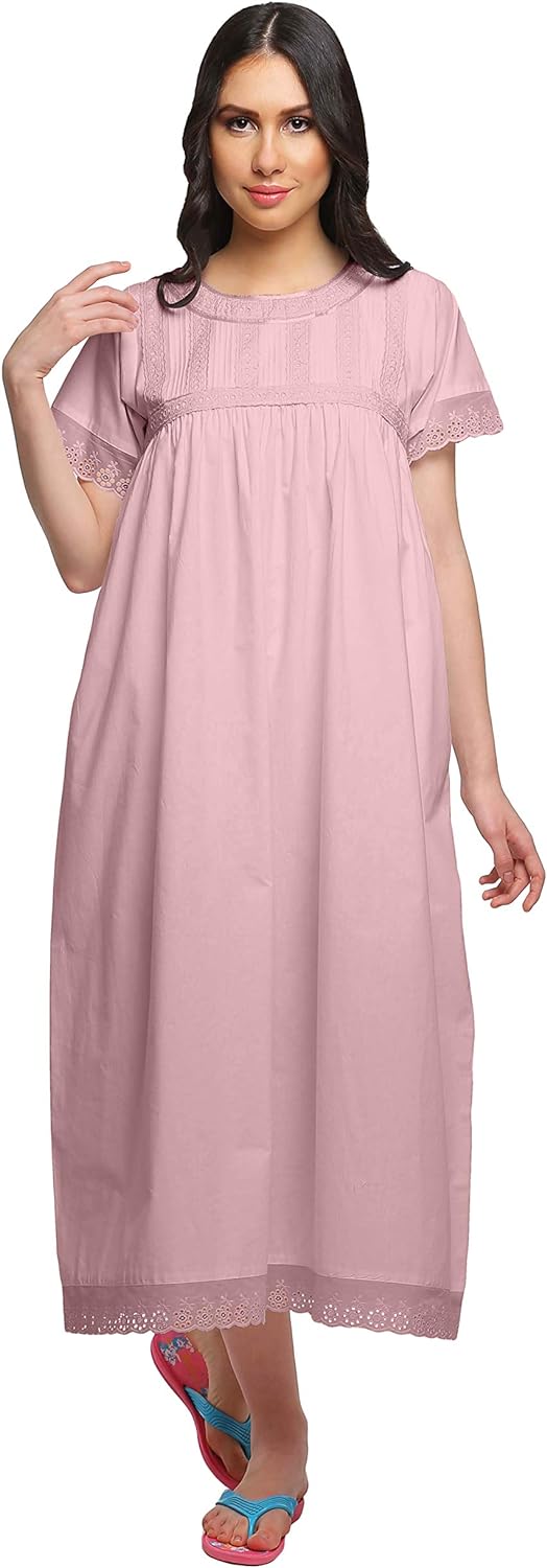 Lace Neckline Cotton Sleepwear For Ladies Womens Round Neck Nightdress