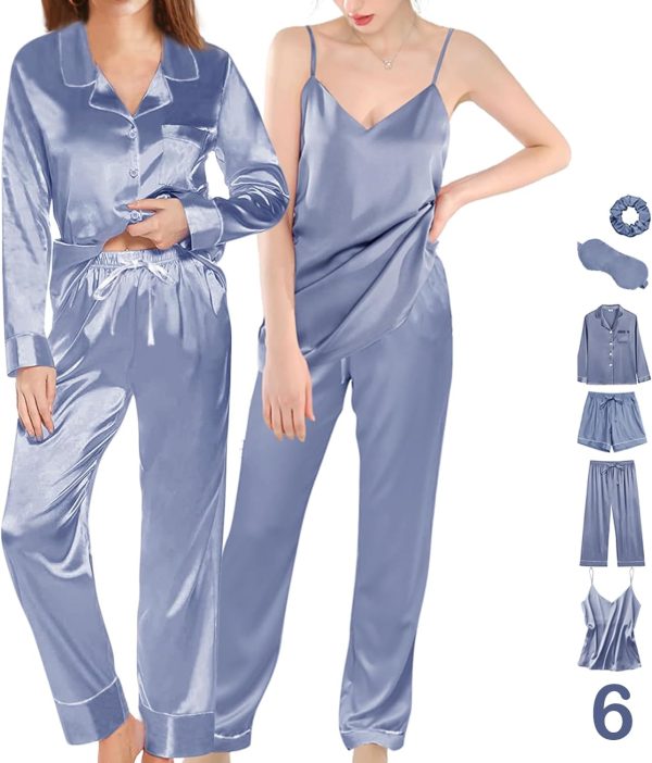 6Pcs Womens Silk Satin Pajama Sets Pj Sets Long Pjs Set Pajamas Sleepwear Camisole Sexy Cami