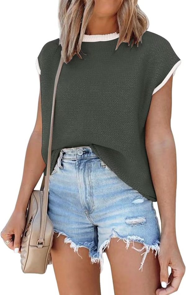 Womens Cap Sleeve Sweater Vest Summer Tops Sleeveless Tank Tops 2024 Trendy Spring Clothes Striped Short Sleeve Shirts