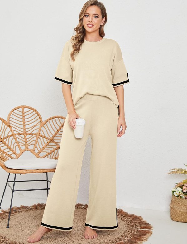 Womens Knit 2 Piece Sweater Sets Short Sleeve Pullover Tops Elastic Waist Wide Leg Pants Lounge Set