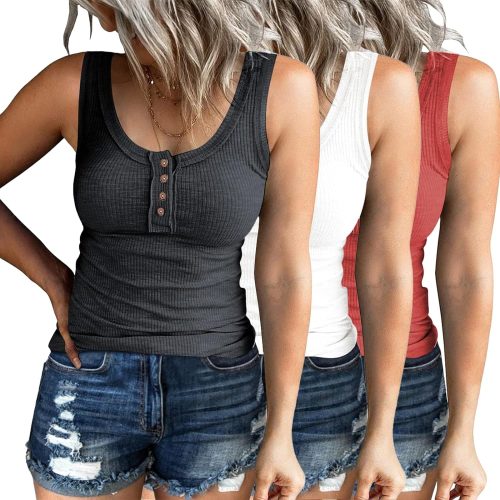3 Pack Women Tank Tops Ribbed Summer Casual Sleeveless Basic Cami Top Slim Henley Button Down Blouses