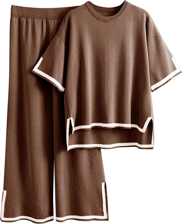 Womens Knit 2 Piece Sweater Sets Short Sleeve Pullover Tops Elastic Waist Wide Leg Pants Lounge Set