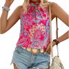 Women's Tropical Paisley Print Halter Blouse Sleeveless Boho Shirt Tops Button Back Vacation Tops
