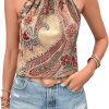 Women's Tropical Paisley Print Halter Blouse Sleeveless Boho Shirt Tops Button Back Vacation Tops